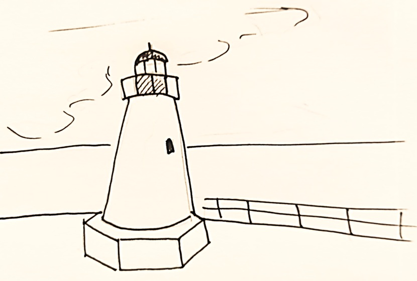 A line drawing of a lighthouse