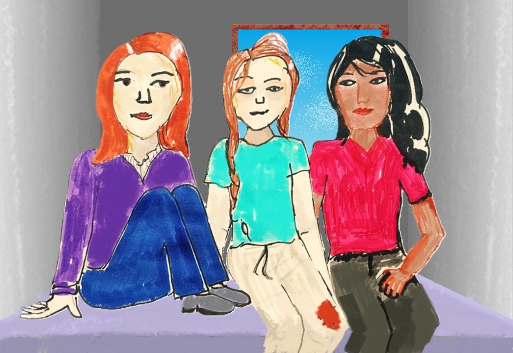 Drawing of Olive, Lucy and Suniya in the box room of Dessert Island. Olive on the left with feet up. Lucy in the middle, looking tired and dishevelled. Suniya on the right, looking thoughtful.