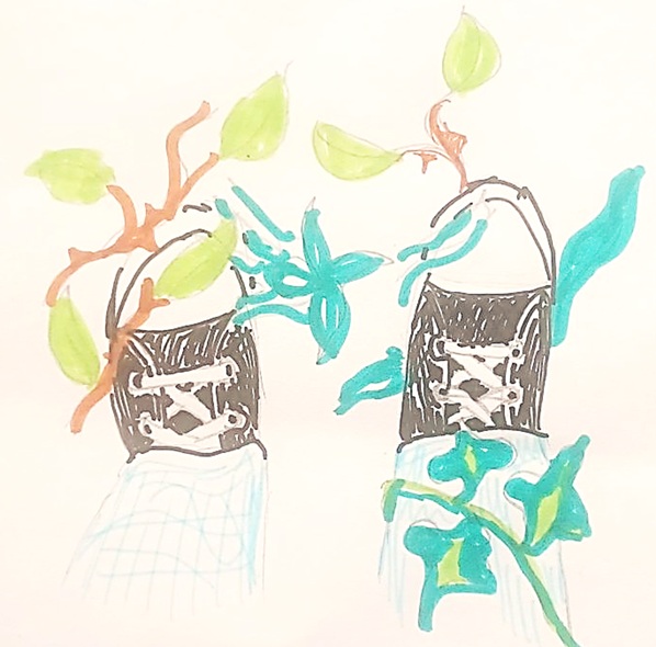 Pen sketch of a pair of feet on the ground with vegetation growing over them.