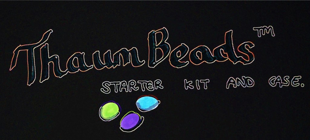 Text reads ThamBeads (tm) starter kit and case, with three beans in green, blue and purple.